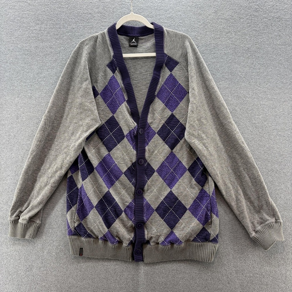 Jordan Cardigan Sweater Men 2XLT Gray Purple Argyle Grandpa Academia Elbow Patch